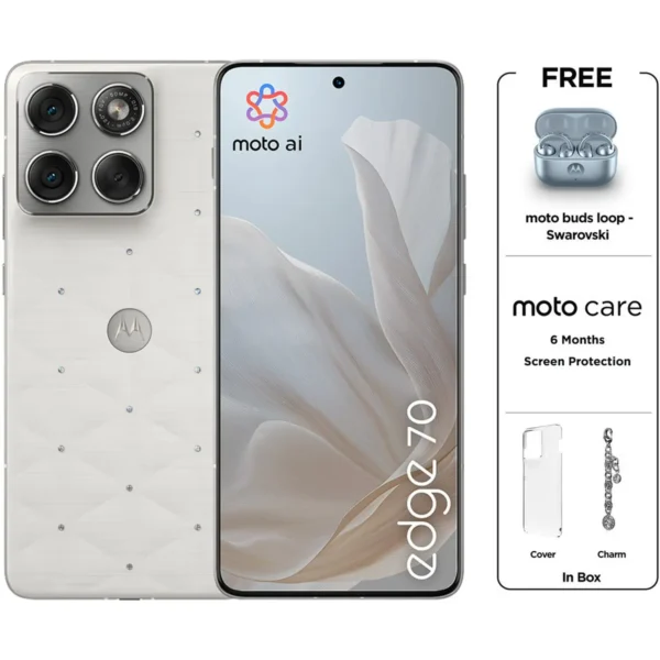 Motorola Edge 70 5G 512GB 12GB RAM Pantone Cloud Dancer Dual Sim Smartphone + Moto Buds Loop Swarovski